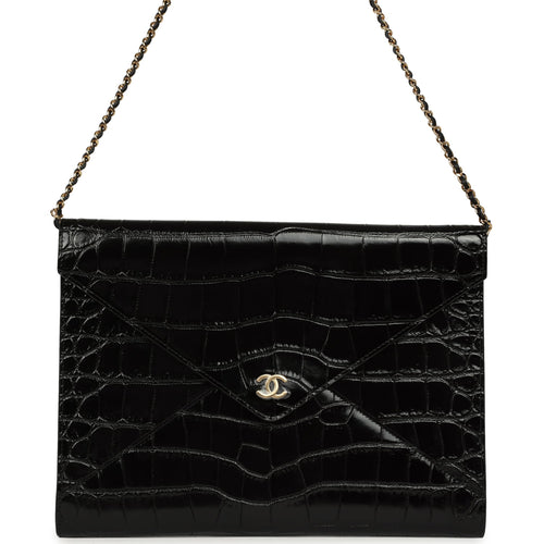 Chanel Envelope Clutch with Chain Black Croc Embossed Calfskin Gold Hardware
