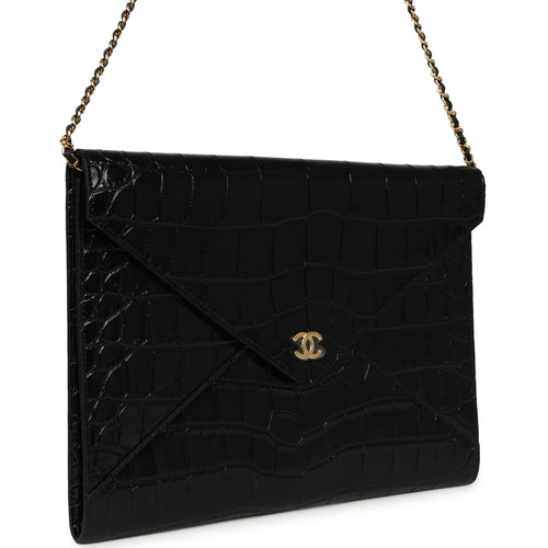 Chanel Envelope Clutch with Chain Black Croc Embossed Calfskin Gold Hardware