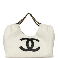 Chanel Maxi Coco Beach Cambon Hobo Bag White Denim and Black Calfskin Brushed Gold Hardware