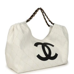 Chanel Maxi Coco Beach Cambon Hobo Bag White Denim and Black Calfskin Brushed Gold Hardware