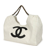 Chanel Maxi Coco Beach Cambon Hobo Bag White Denim and Black Calfskin Brushed Gold Hardware - Thumbnail View 5