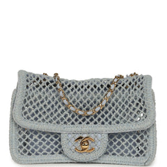 Chanel Small Coco Beach Macrame Flap Bag Light Blue Mesh Gold Hardware