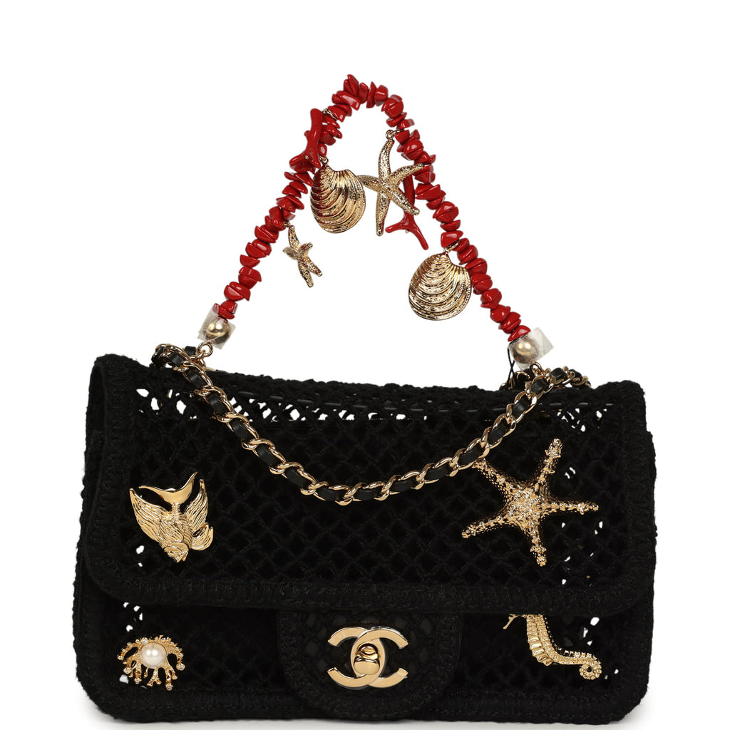 Chanel Small Coco Beach Macrame Charms Flap Bag Black Mesh Gold Hardwa