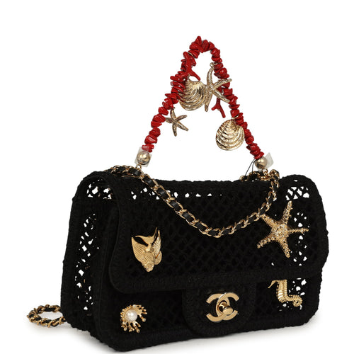 Chanel Small Coco Beach Macrame Charms Flap Bag Black Mesh Gold Hardwa