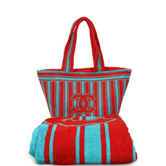 Chanel Coco Beach CC Striped Beach Tote Bag & Towel Set Red and Turquoise Terry Silver Hardware