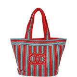 Chanel Coco Beach CC Striped Beach Tote Bag & Towel Set Red and Turquoise Terry Silver Hardware - Thumbnail View 4