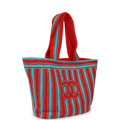 Chanel Coco Beach CC Striped Beach Tote Bag & Towel Set Red and Turquoise Terry Silver Hardware