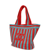 Chanel Coco Beach CC Striped Beach Tote Bag & Towel Set Red and Turquoise Terry Silver Hardware - Thumbnail View 5
