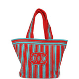 Chanel Coco Beach CC Striped Beach Tote Bag & Towel Set Red and Turquoise Terry Silver Hardware - Thumbnail View 7