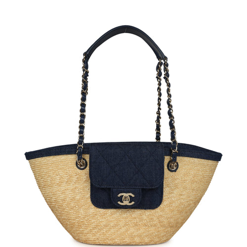 Chanel Small Coco Beach Shopping Tote Bag Bag Beige Raffia and Dark Blue Denim Light Gold Hardware
