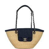 Chanel Small Coco Beach Shopping Tote Bag Bag Beige Raffia and Dark Blue Denim Light Gold Hardware - Thumbnail View 1