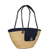 Chanel Small Coco Beach Shopping Tote Bag Bag Beige Raffia and Dark Blue Denim Light Gold Hardware - Thumbnail View 2