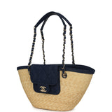 Chanel Small Coco Beach Shopping Tote Bag Bag Beige Raffia and Dark Blue Denim Light Gold Hardware - Thumbnail View 5