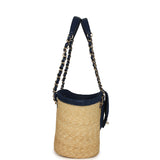 Chanel Small Coco Beach Shopping Tote Bag Bag Beige Raffia and Dark Blue Denim Light Gold Hardware - Thumbnail View 3