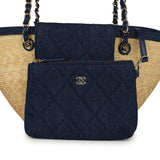 Chanel Small Coco Beach Shopping Tote Bag Bag Beige Raffia and Dark Blue Denim Light Gold Hardware - Thumbnail View 6