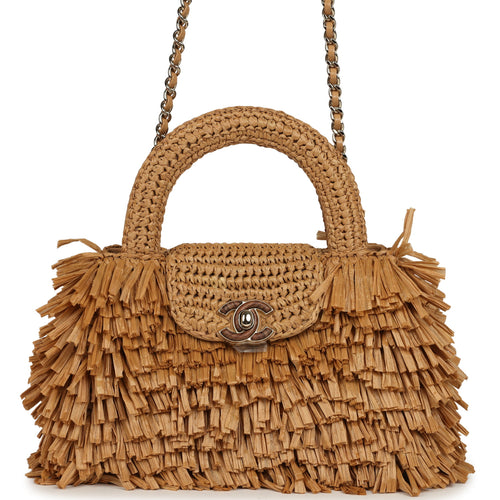 Chanel Small Fringe Kelly Dark Beige Raffia Wood and Light Gold Hardware