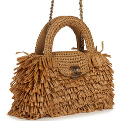 Chanel Small Fringe Kelly Dark Beige Raffia Wood and Light Gold Hardware