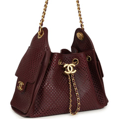 Chanel Mini 25 Hobo Bag Dark Burgundy Perforated Calfskin Antique Gold Hardware