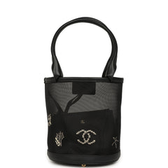 Chanel Coco Beach Small Bucket Bag Black Embroidered Mesh and Calfskin Gold Hardware