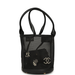 Chanel Coco Beach Small Bucket Bag Black Embroidered Mesh and Calfskin Gold Hardware
