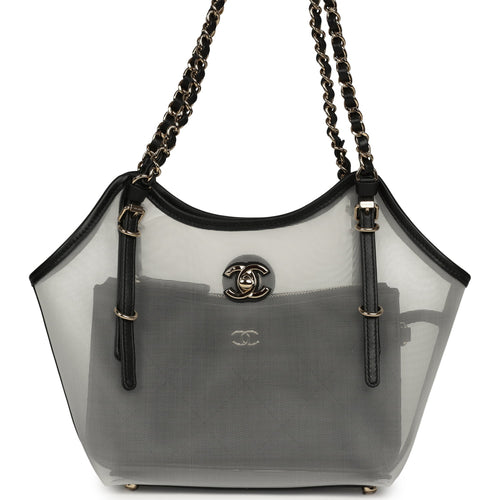 Chanel Small Coco Beach Shopping Bag Transparent Mesh and Black Calfskin Light Gold Hardware