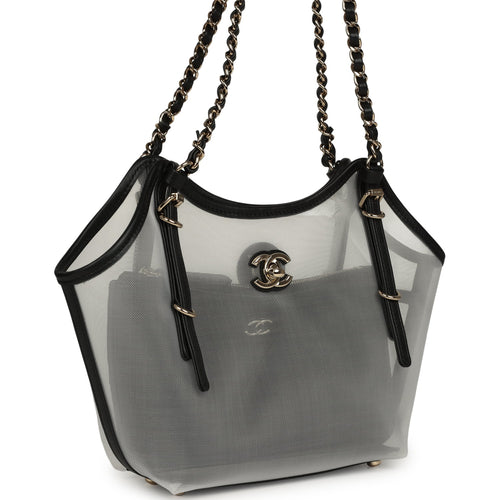 Chanel Small Coco Beach Shopping Bag Transparent Mesh and Black Calfskin Light Gold Hardware