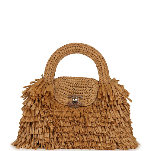 Chanel Small Fringe Kelly Dark Beige Raffia Wood and Light Gold Hardware