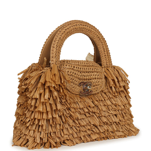 Chanel Small Fringe Kelly Dark Beige Raffia Wood and Light Gold Hardware