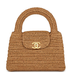 Chanel Small Kelly Dark Beige Raffia Brushed Gold Hardware