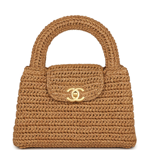 Chanel Small Kelly Dark Beige Raffia Brushed Gold Hardware
