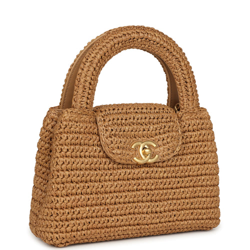 Chanel Small Kelly Dark Beige Raffia Brushed Gold Hardware