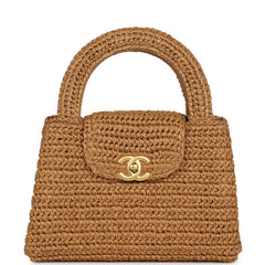 Chanel Small Kelly Dark Beige Raffia Brushed Gold Hardware