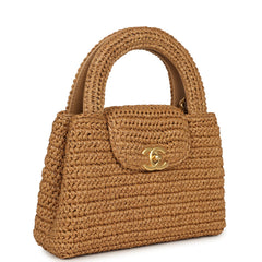 Chanel Small Kelly Dark Beige Raffia Brushed Gold Hardware