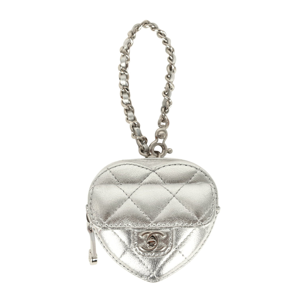 Chanel CC In Love Mini Heart Bag Charm Silver Metallic Lambskin Silver