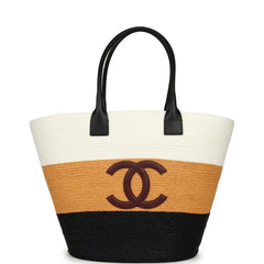 Chanel Maxi Coco Beach Small Shopping Bag White, Dark Beige, Black Raffia and Calfskin