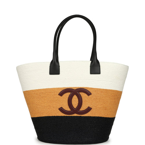 Chanel Maxi Coco Beach Small Shopping Bag White, Dark Beige, Black Raffia and Calfskin