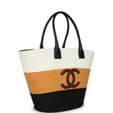 Chanel Maxi Coco Beach Small Shopping Bag White, Dark Beige, Black Raffia and Calfskin - Thumbnail View 2