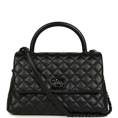 Pre-owned Chanel Medium Coco Top Handle Flap Bag So Black Shiny Caviar Black Hardware