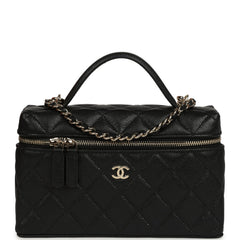 Chanel Top Handle Long Vanity Case with Chain Black Shiny Caviar Light Gold Hardware
