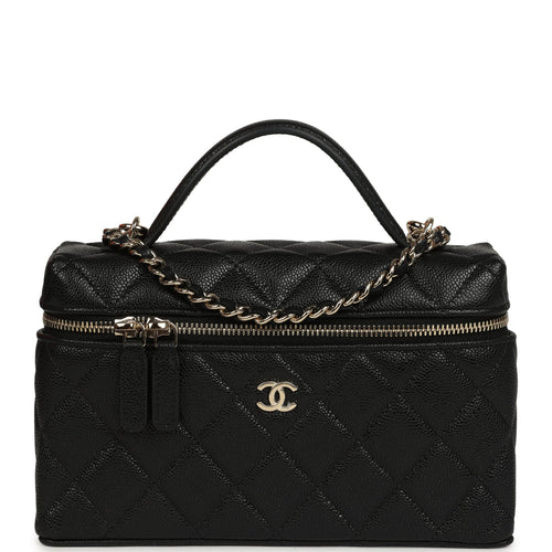 Chanel Top Handle Long Vanity Case with Chain Black Shiny Caviar Light Gold Hardware