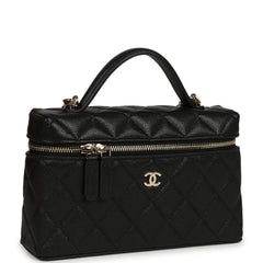 Chanel Top Handle Long Vanity Case with Chain Black Shiny Caviar Light Gold Hardware