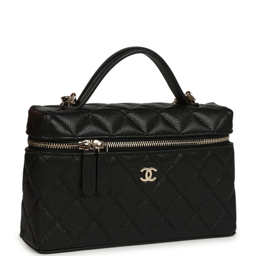 Chanel Top Handle Long Vanity Case with Chain Black Shiny Caviar Light Gold Hardware