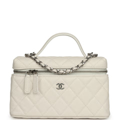Chanel Top Handle Long Vanity Case with Chain White Shiny Caviar Silver Hardware