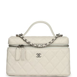 Chanel Top Handle Long Vanity Case with Chain White Shiny Caviar Silver Hardware - Thumbnail View 1