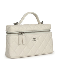 Chanel Top Handle Long Vanity Case with Chain White Shiny Caviar Silver Hardware