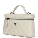 Chanel Top Handle Long Vanity Case with Chain White Shiny Caviar Silver Hardware - Thumbnail View 5