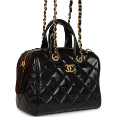 Pre-owned Chanel "CC Travel" Bowling Bag Black Shiny Crumped Calfskin Antique Gold Hardware
