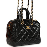 Pre-owned Chanel "CC Travel" Bowling Bag Black Shiny Crumped Calfskin Antique Gold Hardware - Thumbnail View 2