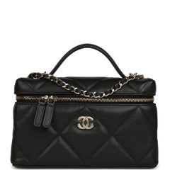 Chanel Top Handle Long Vanity Case with Chain Black Shiny Caviar Light Gold Hardware