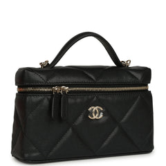 Chanel Top Handle Long Vanity Case with Chain Black Shiny Caviar Light Gold Hardware